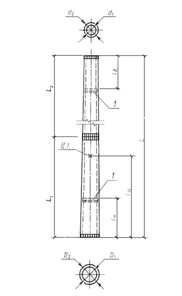 Стойка коническая секционированная СКС226.65 или СКС260.65 с фланцами в комле и вершине, общая схема