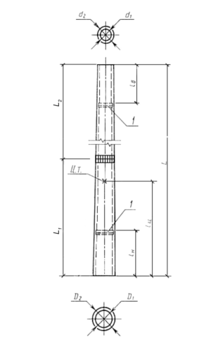 Стойка коническая секционированная СКС226.65 или СКС260.65 без фланцев в комле и вершине, общая схема