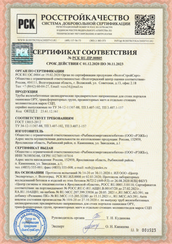 Сертификат соответствия №РСК RU.ПР.00805