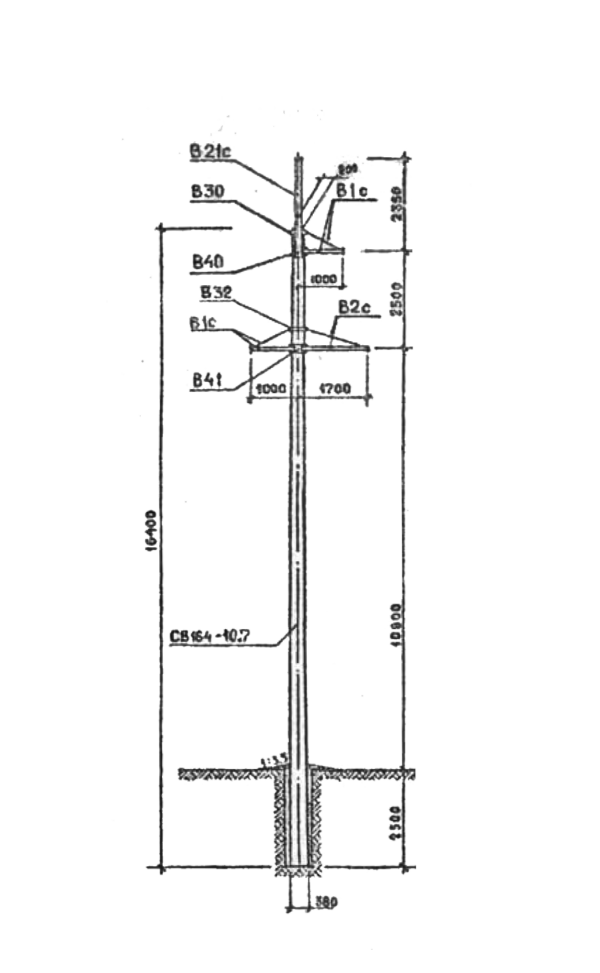 Промежуточная бетонная опора ПБ35-1Вкт на конце тросового участка, серия 3.407.1-163 выпуск 1