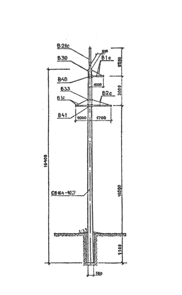 Промежуточная бетонная опора ПБ35-3Вкт на конце тросового участка, серия 3.407.1-163 выпуск 1