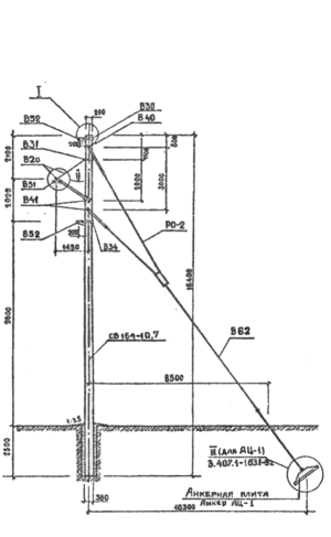 Промежуточно-угловая бетонная опора ПУБ35-3В, серия 3.407.1-163 выпуск 1