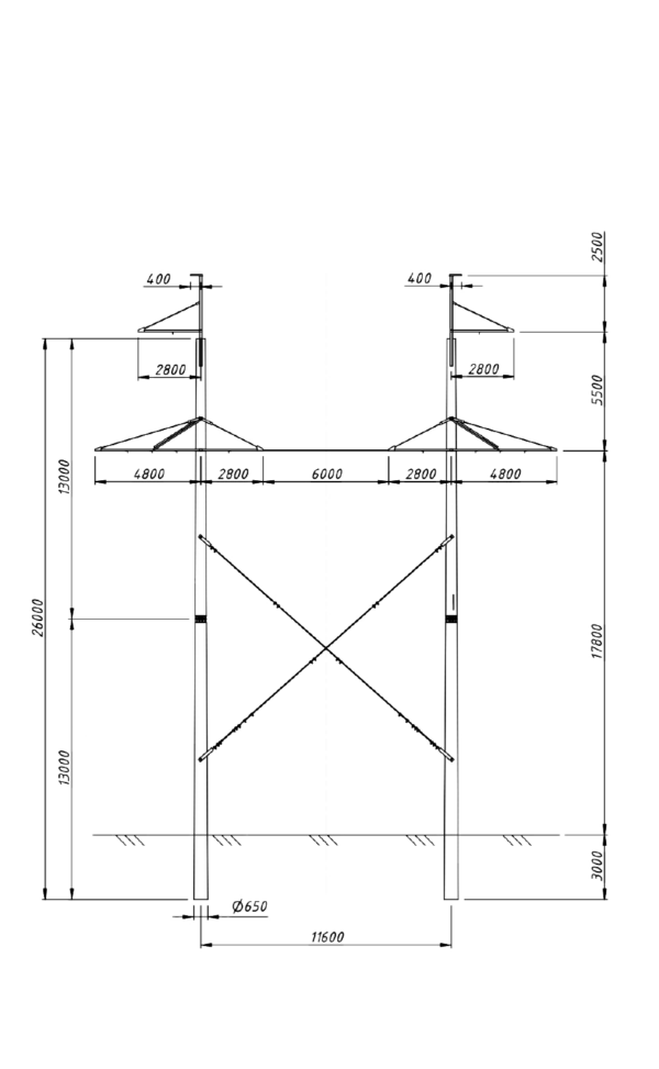 Промежуточная бетонная опора ПБД220-2К(с), проект 16.003.